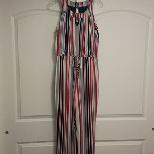 Striped Sleeveless Jumpsuit - Red, Black, White